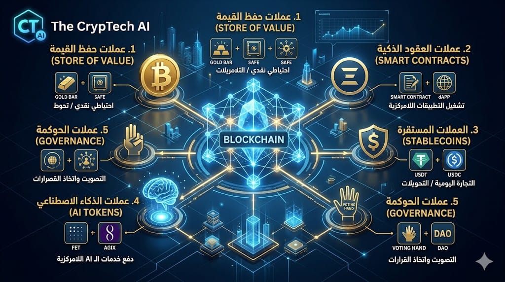 أنواع واستخدامات العملات الرقمية في 2026 – دليل شامل وإنفوجرافيك – The CrypTech AI