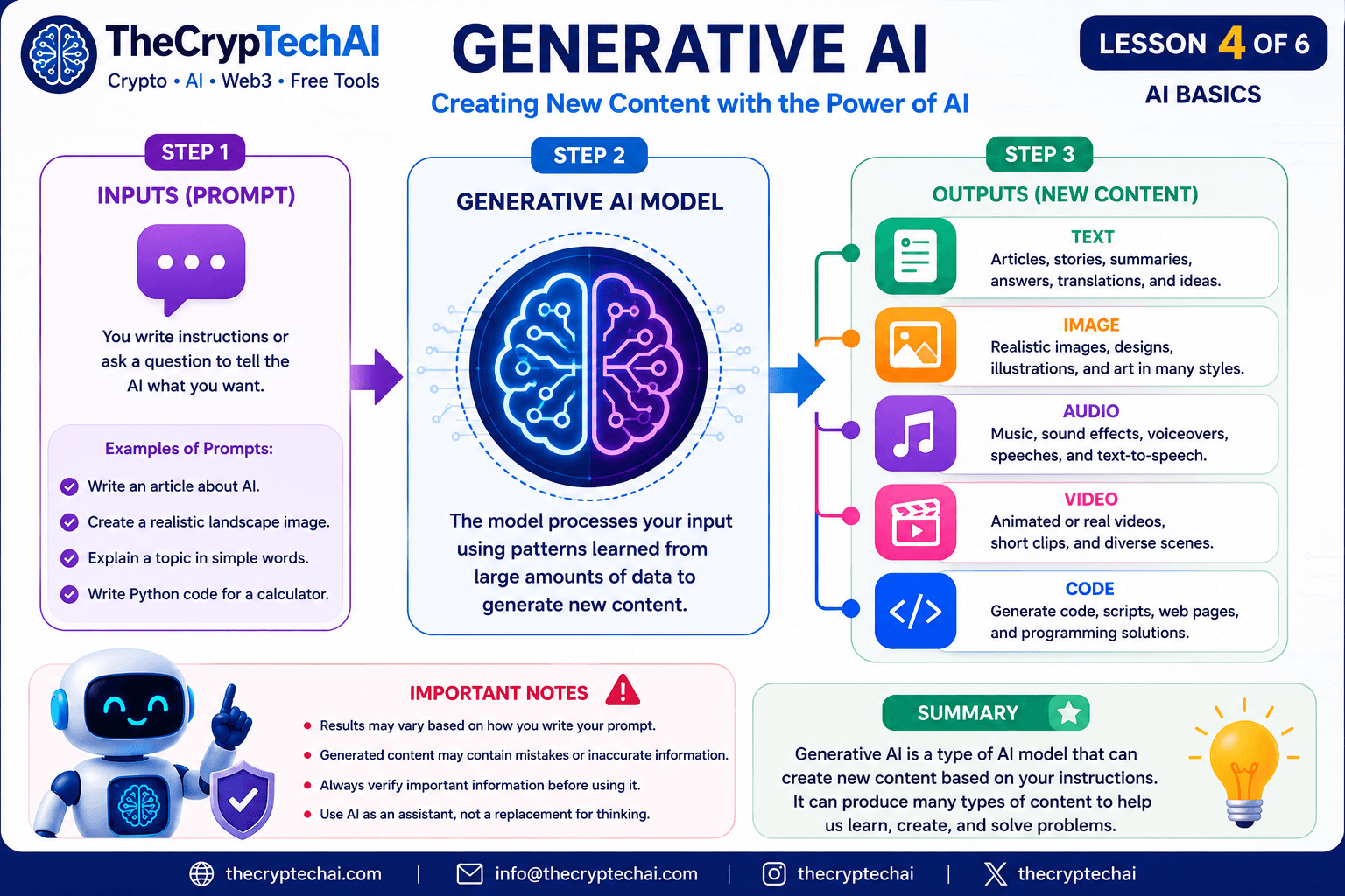 Generative AI explained from prompts to text, images, audio, video and code