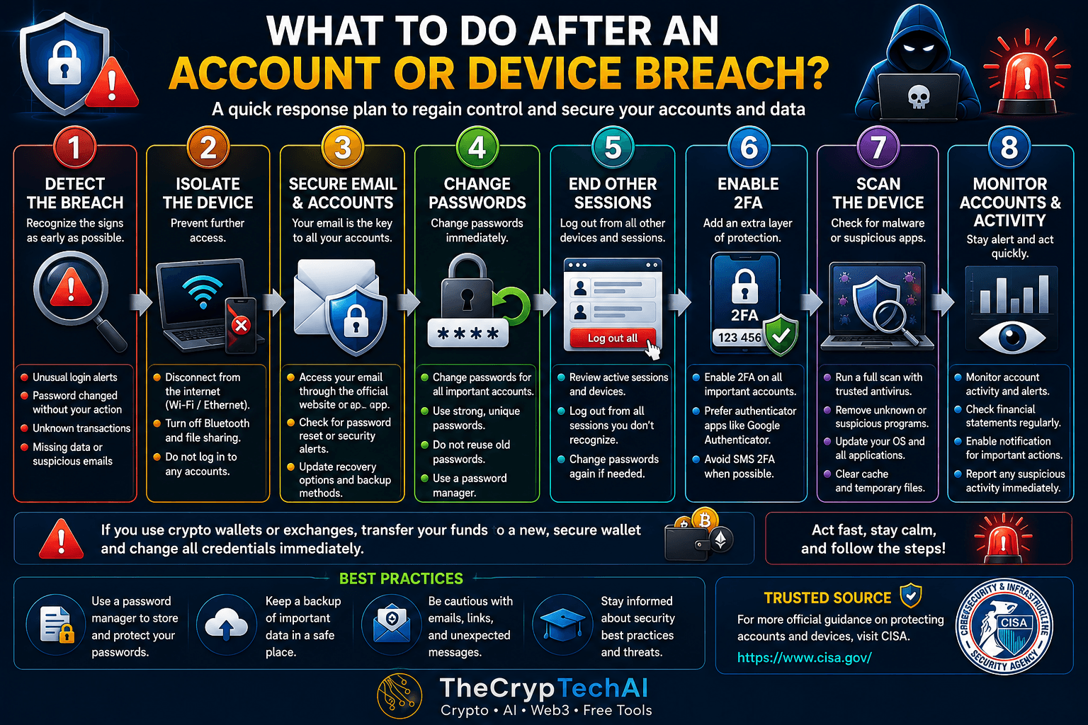 Steps to take after an account or device breach including password changes, session termination, 2FA and device scanning