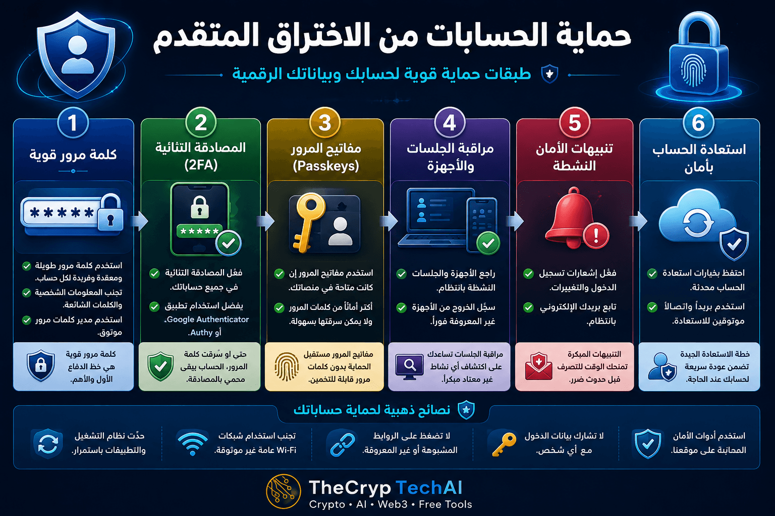حماية الحسابات من الاختراق باستخدام كلمة مرور قوية والمصادقة الثنائية ومفاتيح المرور ومراقبة الجلسات