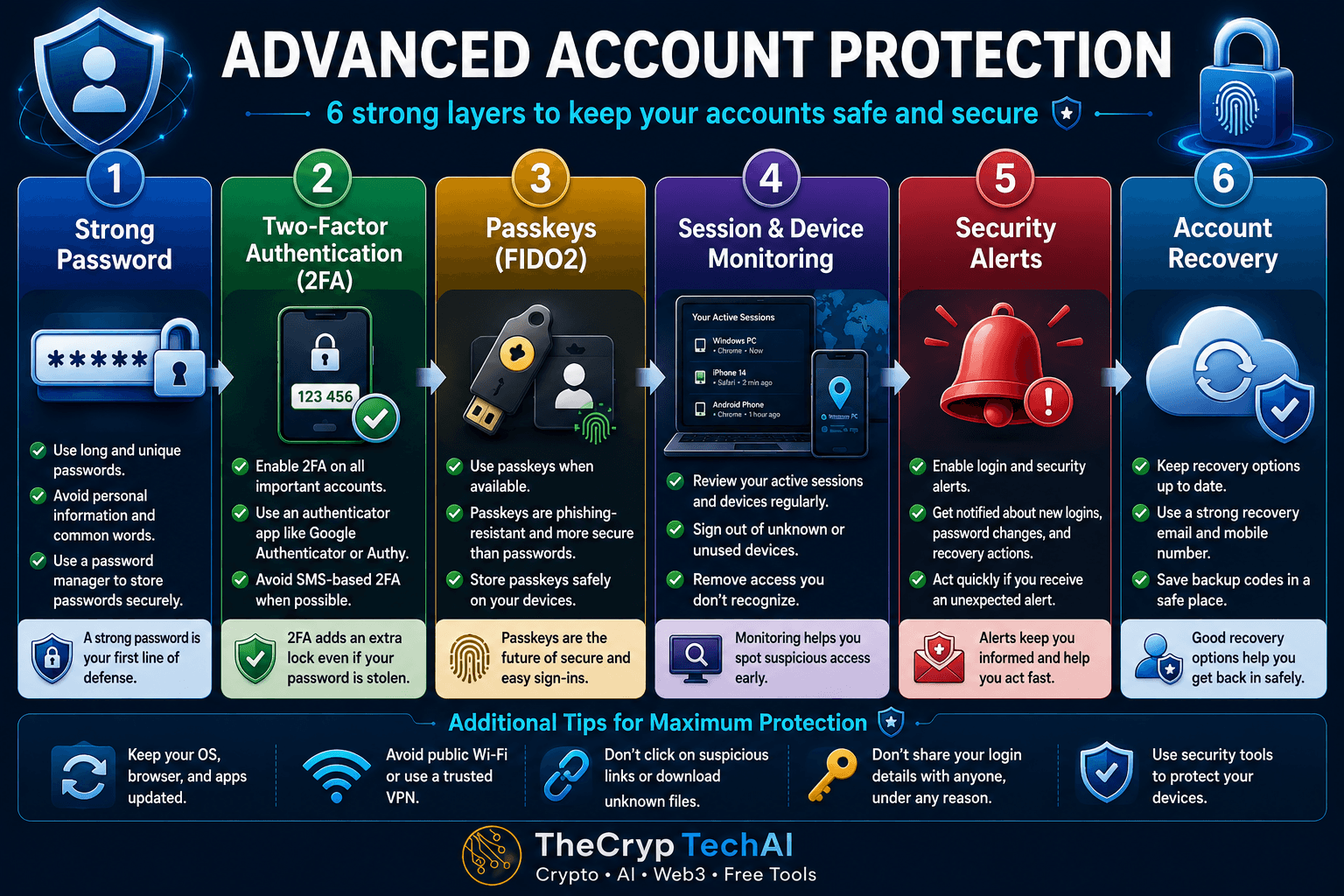 Advanced Account Protection using strong passwords, two-factor authentication, passkeys, session monitoring and security alerts