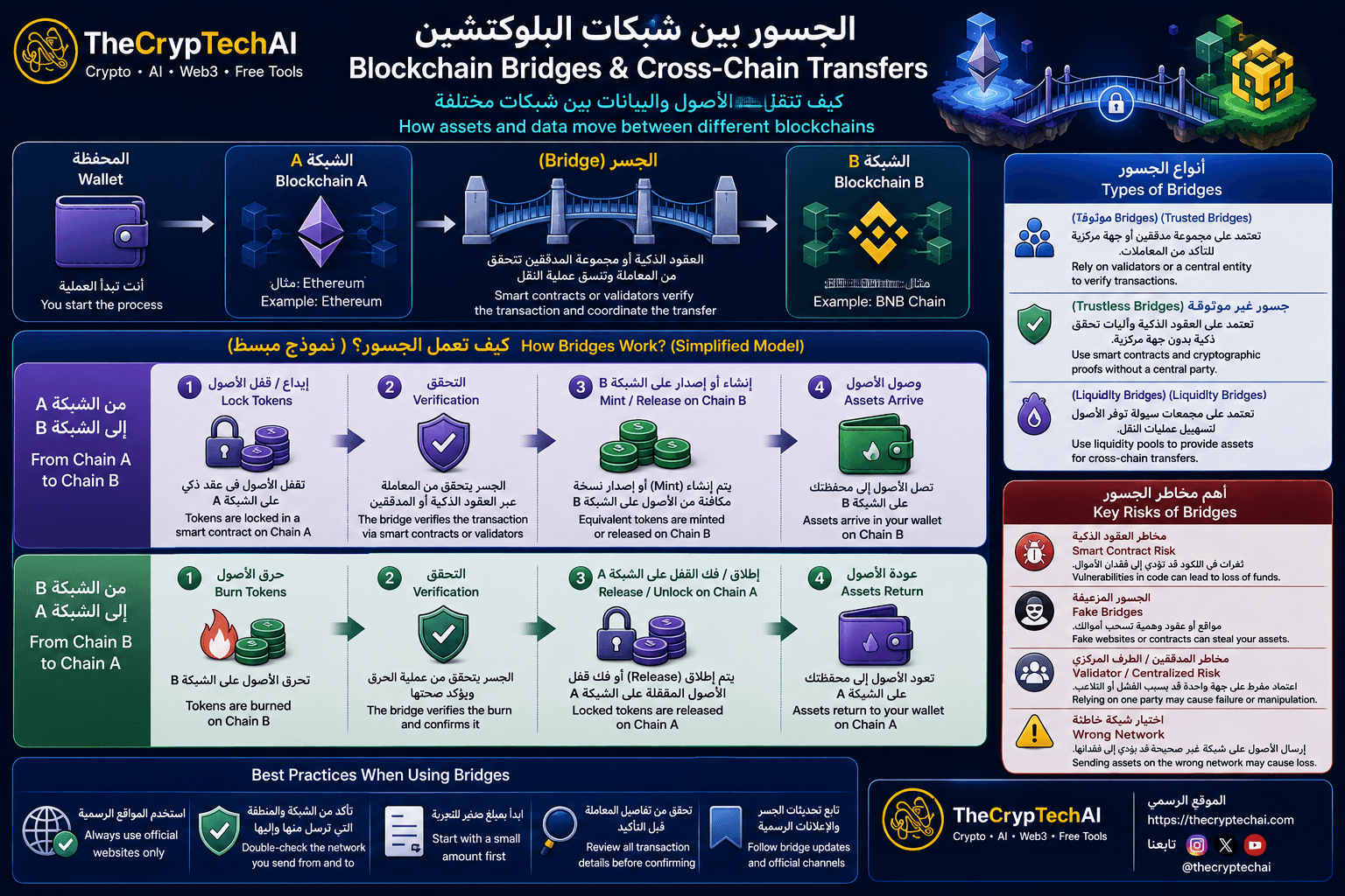 شرح جسور البلوكتشين وكيف تعمل عمليات Cross-Chain لنقل الأصول بين الشبكات باستخدام Lock وMint وBurn وRelease