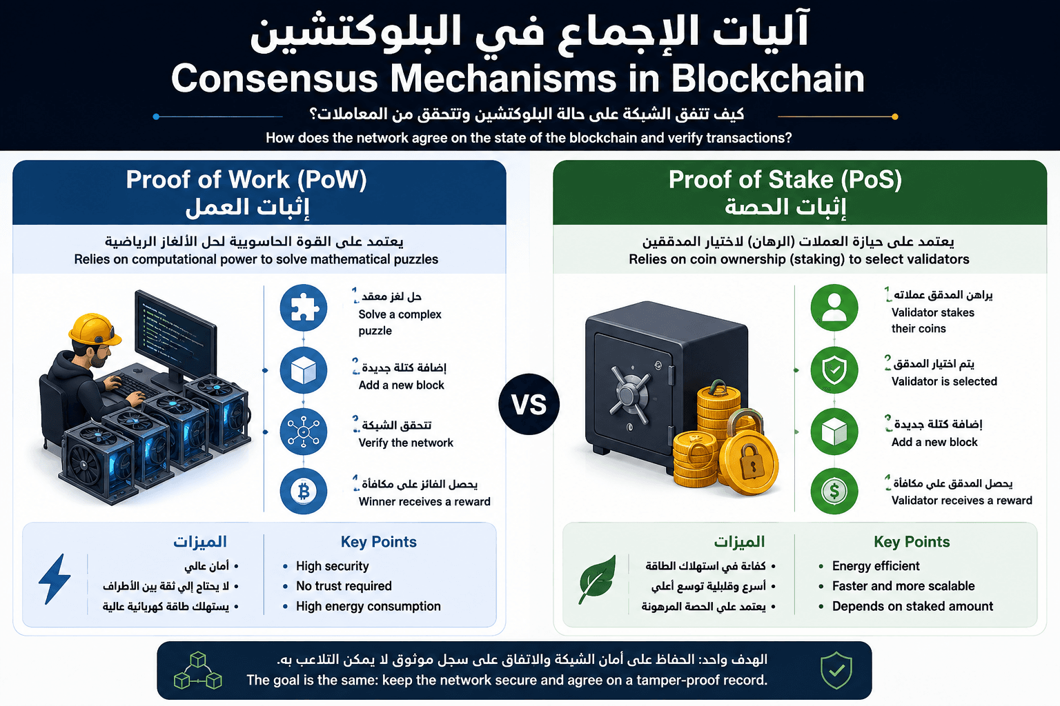آليات الإجماع في البلوكتشين والفرق بين إثبات العمل PoW وإثبات الحصة PoS