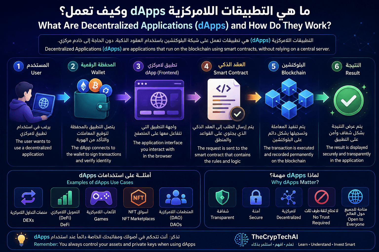 التطبيقات اللامركزية dApps وكيف تعمل باستخدام المحفظة والعقود الذكية وشبكة البلوكتشين