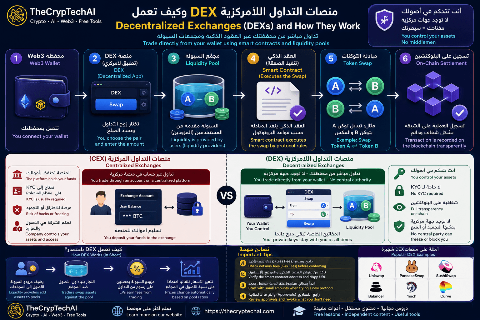 منصات التداول اللامركزية DEX وكيف تعمل باستخدام محفظة Web3 والعقود الذكية ومجمعات السيولة