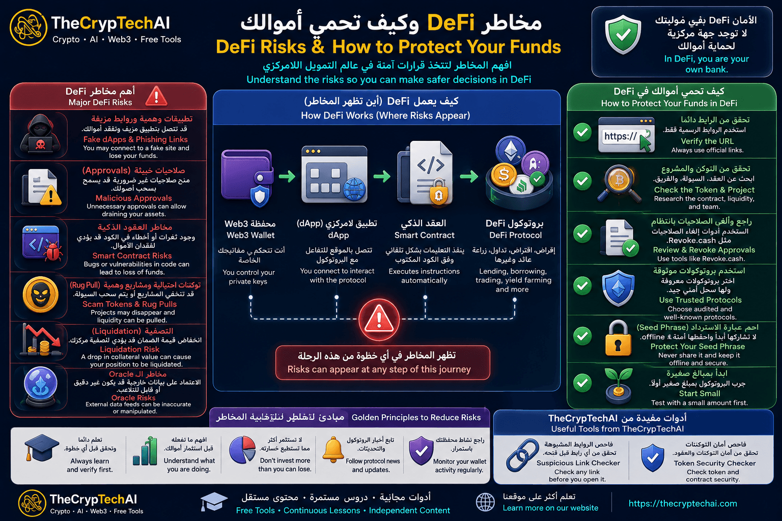 مخاطر DeFi وكيف تحمي أموالك من التطبيقات المزيفة والصلاحيات الخطرة ومخاطر العقود الذكية والتصفية والاحتيال
