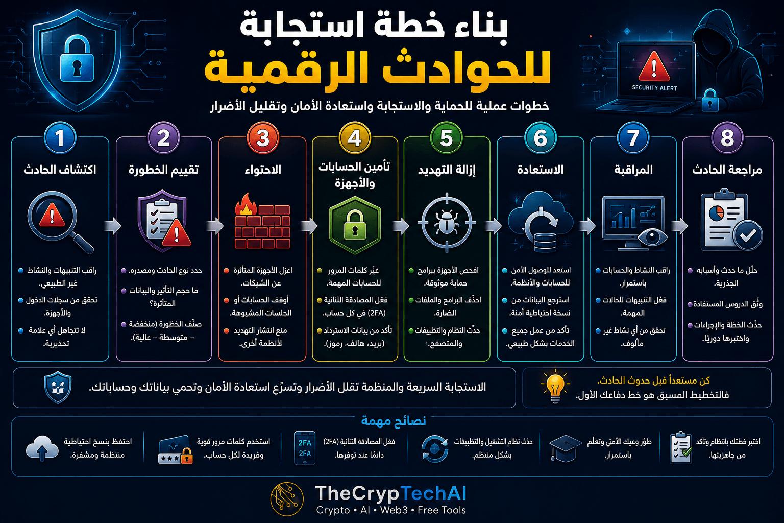 خطة استجابة للحوادث الرقمية لاكتشاف الحادث وتقييم الخطورة والاحتواء وإزالة التهديد واستعادة الأمان