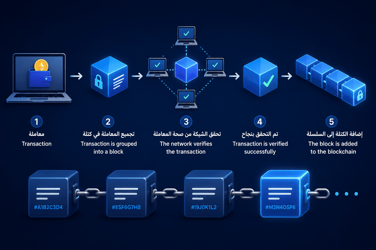 ما هو البلوكتشين وكيف يعمل من إنشاء المعاملة والتحقق منها حتى إضافة الكتلة إلى سلسلة البلوكتشين