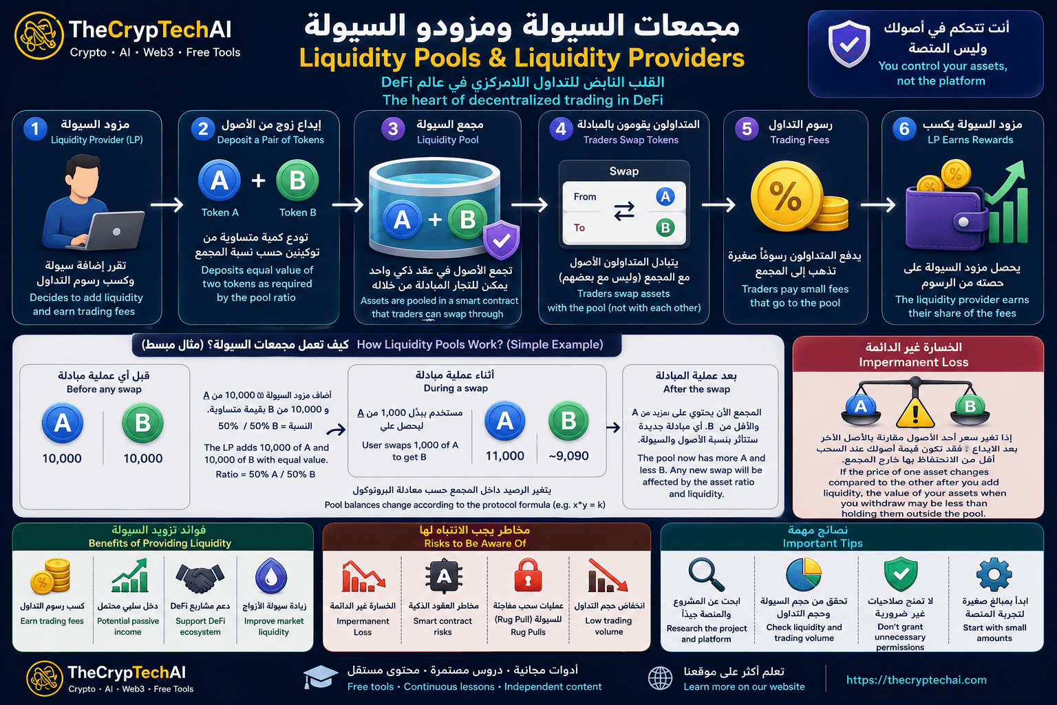 مجمعات السيولة وكيف تعمل ودور مزودي السيولة LP في DeFi ورسوم التداول والخسارة غير الدائمة