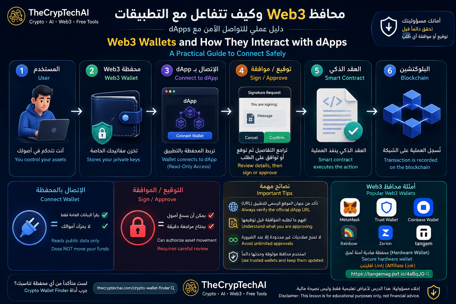 محافظ Web3 وكيف تتفاعل مع التطبيقات اللامركزية dApps من ربط المحفظة والتوقيع حتى تنفيذ المعاملة على البلوكتشين